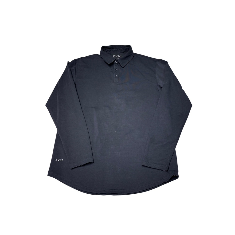 BYLT Premium Basics Lux Long Sleeve Polo Shirt Black Mens Large Drop Cut Hem
